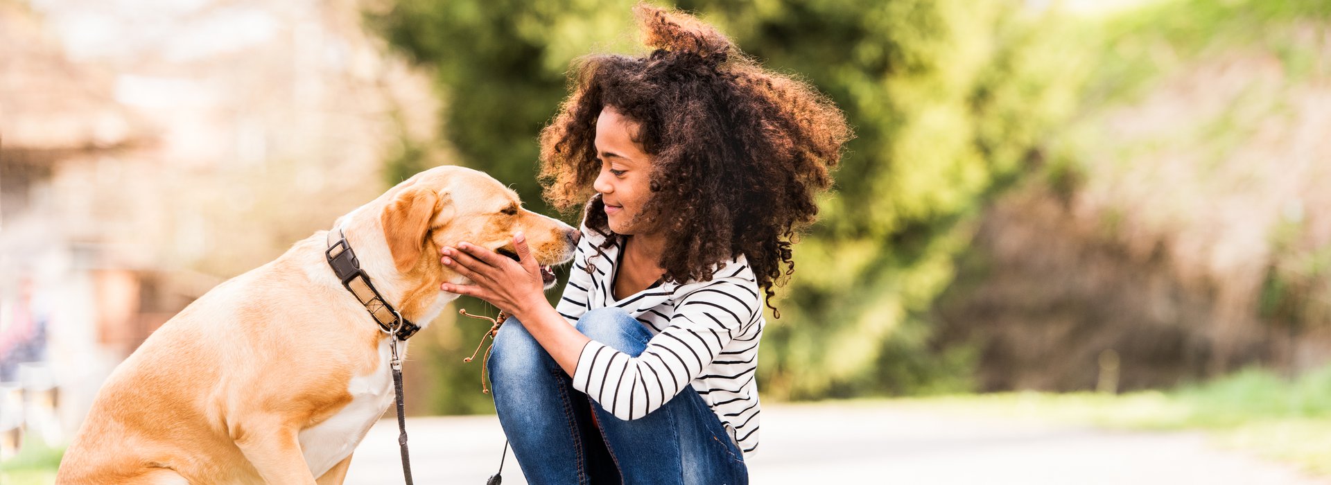 Beautiful african american girl with curly hair outdoors with her cute dog, sitting on skateboard.